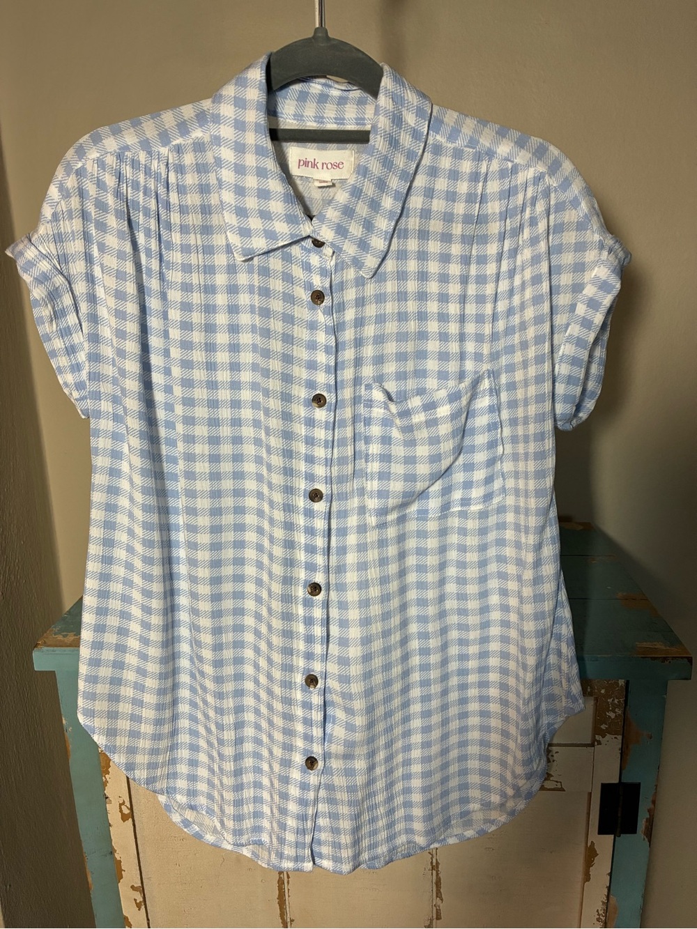 Pink Rose Light Blue & White Gingham Button-Down Shirt